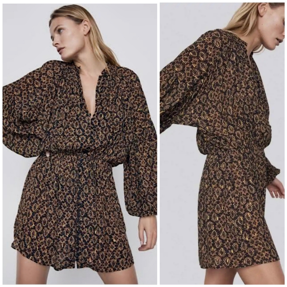 Zara Button Front Patterned Gold Black Dress, M - image 1